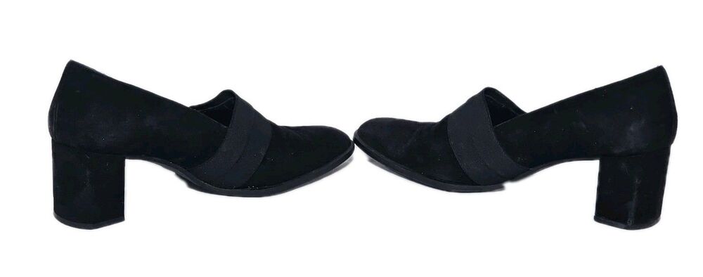 Stuart Weitzman Black Suede Block Heel Pumps Square Toe Elastic Band Size 9M VTG - Picture 3 of 10